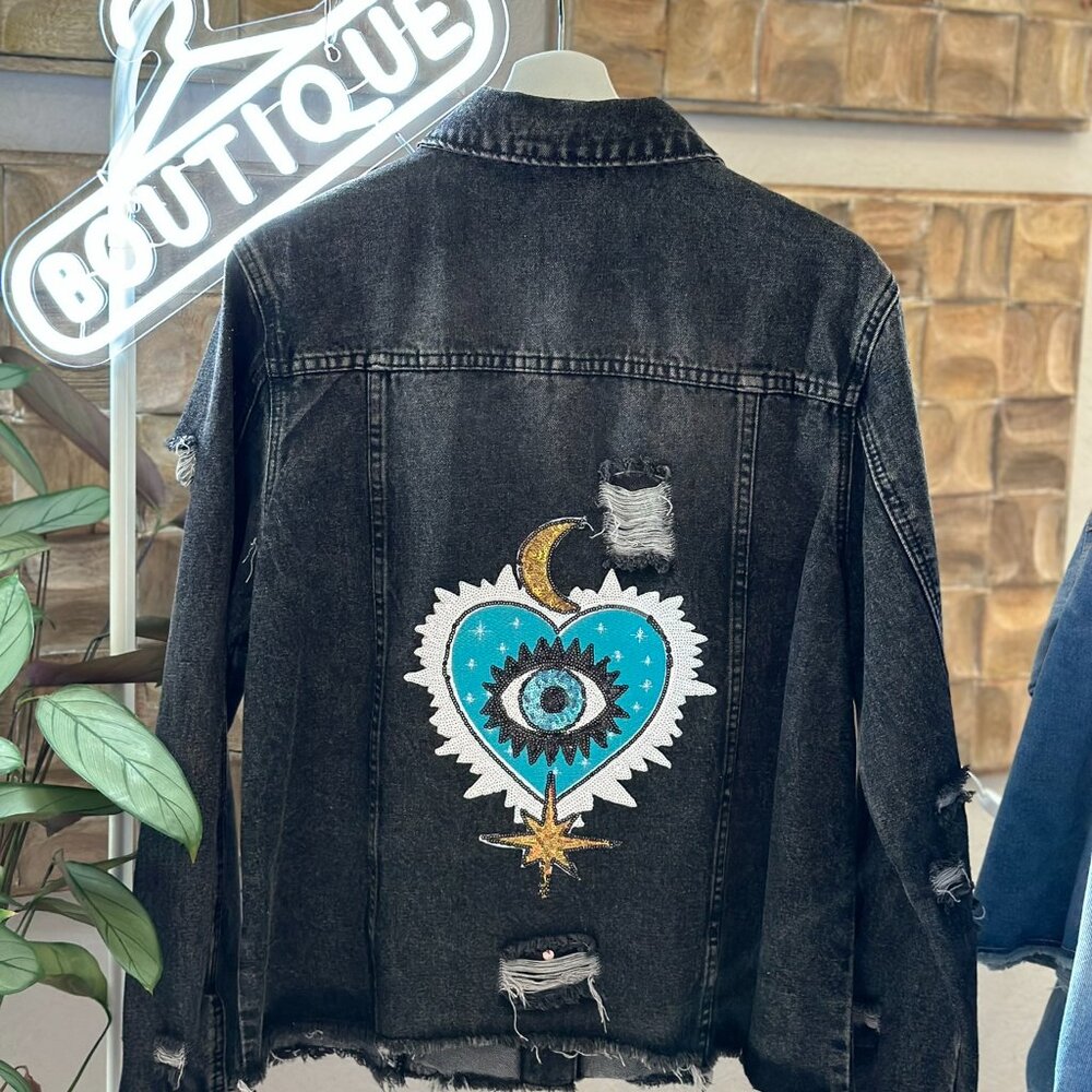 Black Distressed Denim Sequin Evil Eye Heart Moon Stars Jacket L